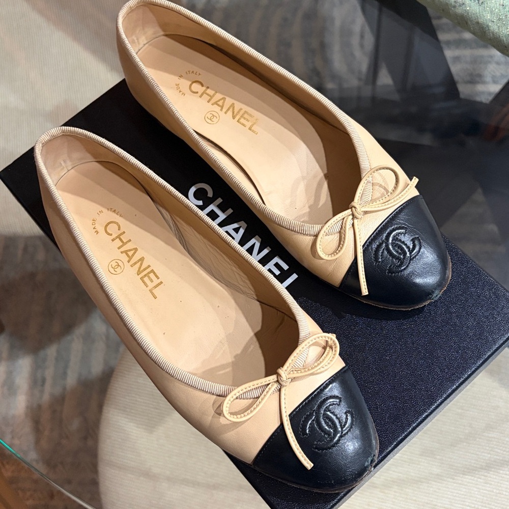 CHANEL Calf Skin Two-Tone Beige and Black Flats - in original box